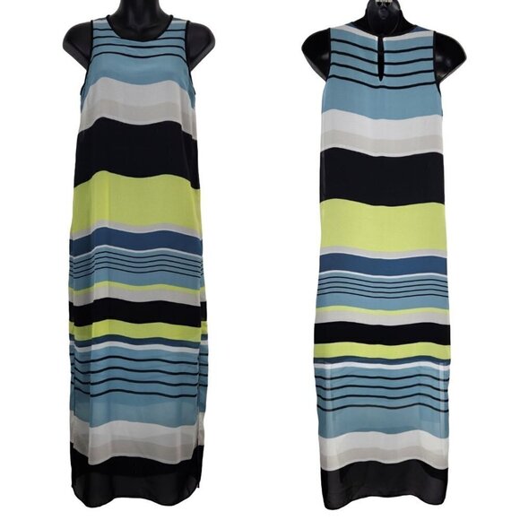 Vince Camuto Midi Dress XS Petite Sleeveless Striped Chiffon Flowy Sheer - Picture 2 of 9